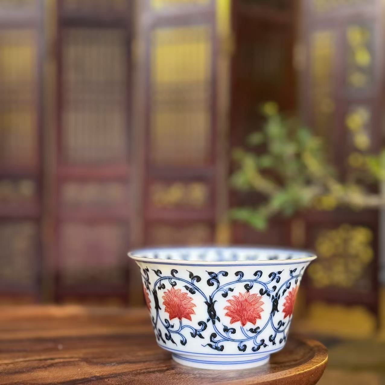 屹朴青花釉里红内花卉金刚莲马蹄杯YP105纯手工名窑