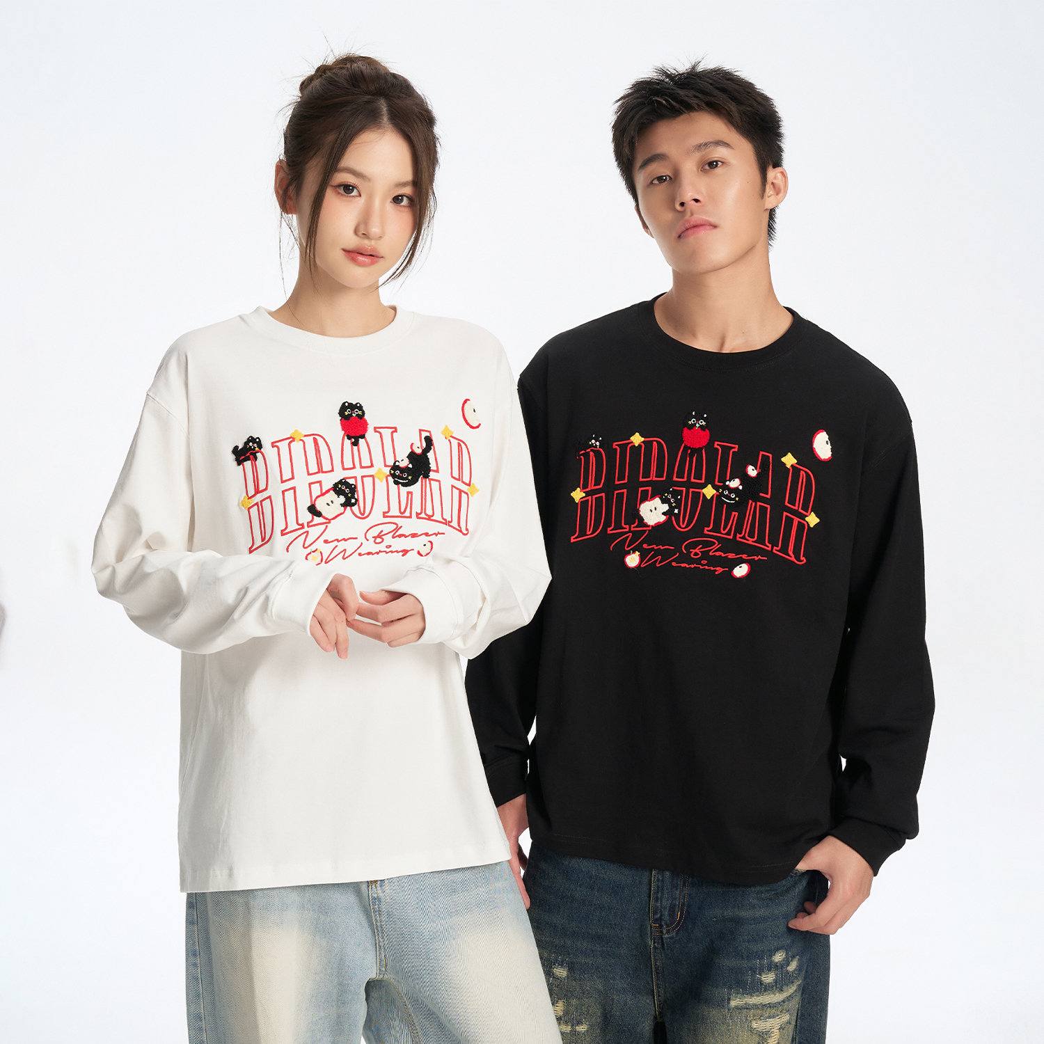 BIPOLAR苹果猫毛巾绣长袖纯棉琥珀流光风情侣宽松长袖T恤11S206