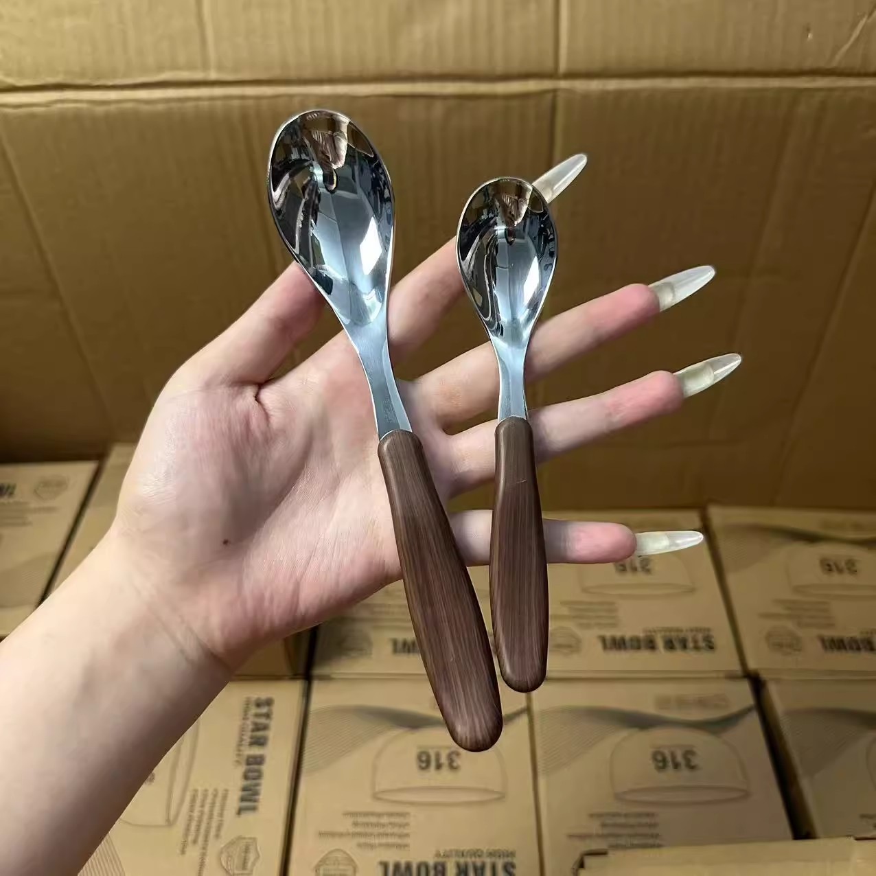 316不锈钢儿童餐具仿木纹手柄餐勺宝宝辅食勺吃饭喂养勺