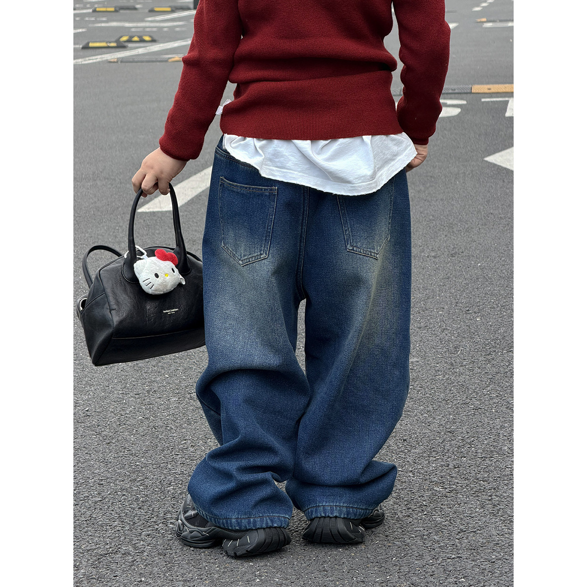 2025年冬季韩版纯色柔软处理男童牛仔蓝长裤皮筋腰带加绒牛仔裤适