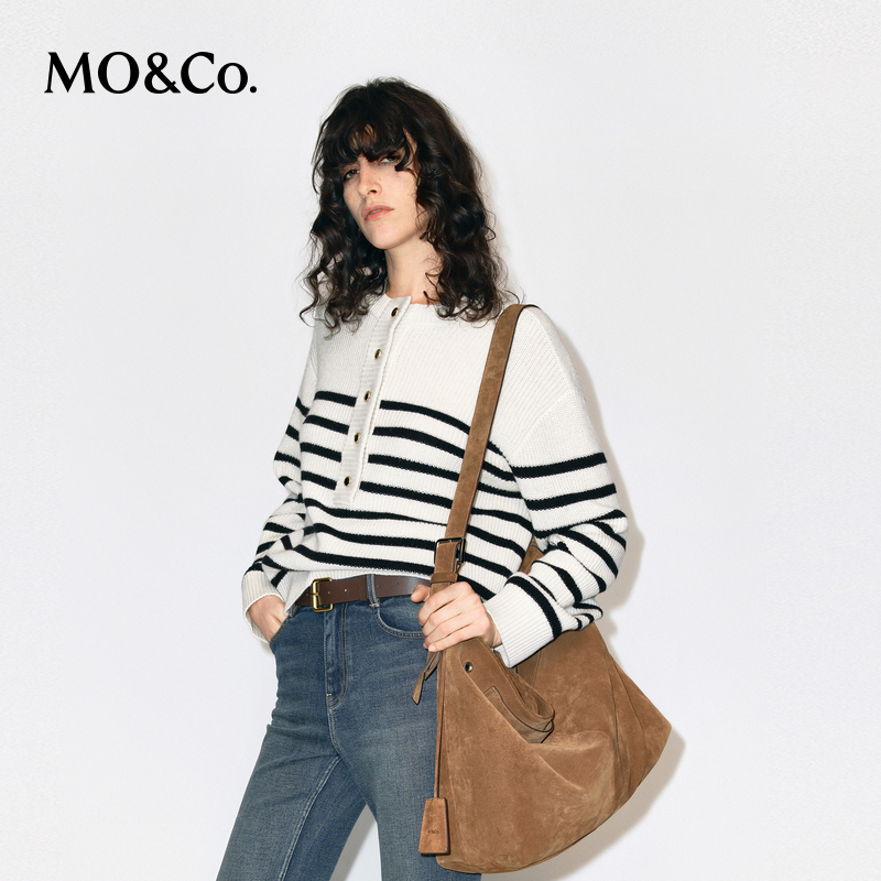 MOCO条纹毛衣2025冬新品美丽诺绵羊毛亨利领半开襟宽松MBE4SWTT02