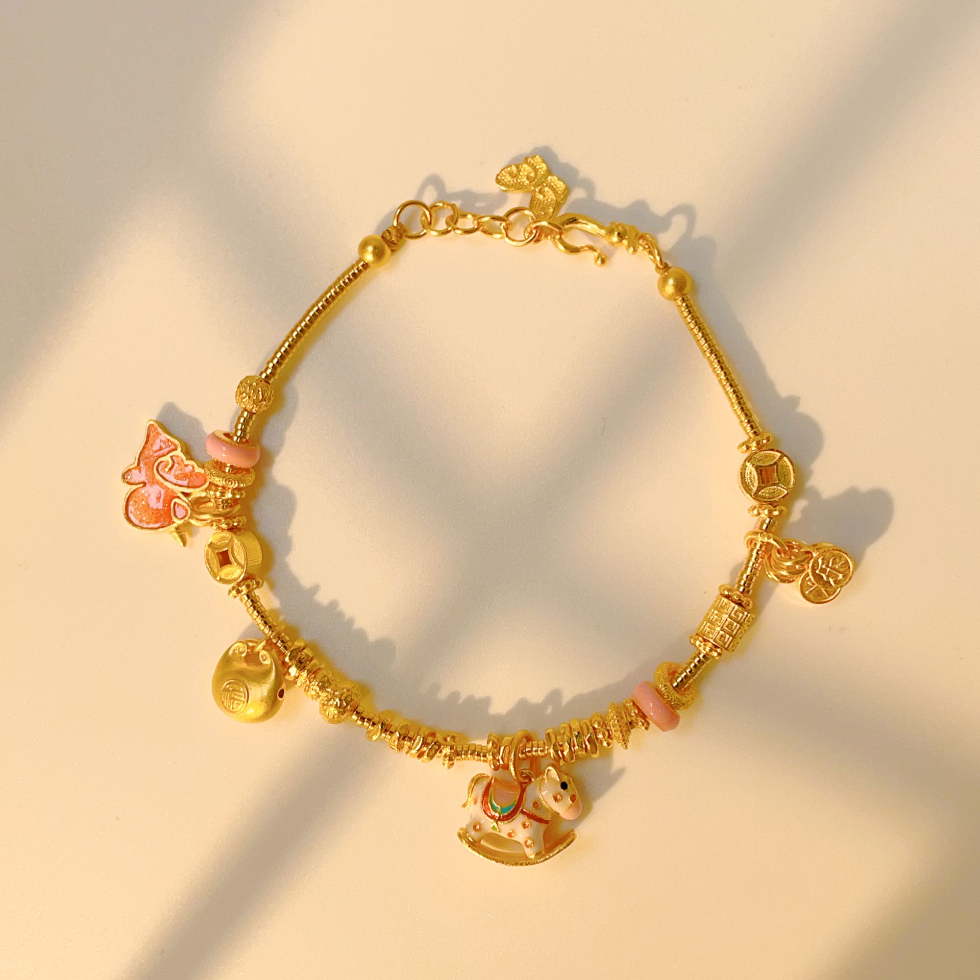 黄金摇摇木马彩色平安喜乐珐琅彩足金手链