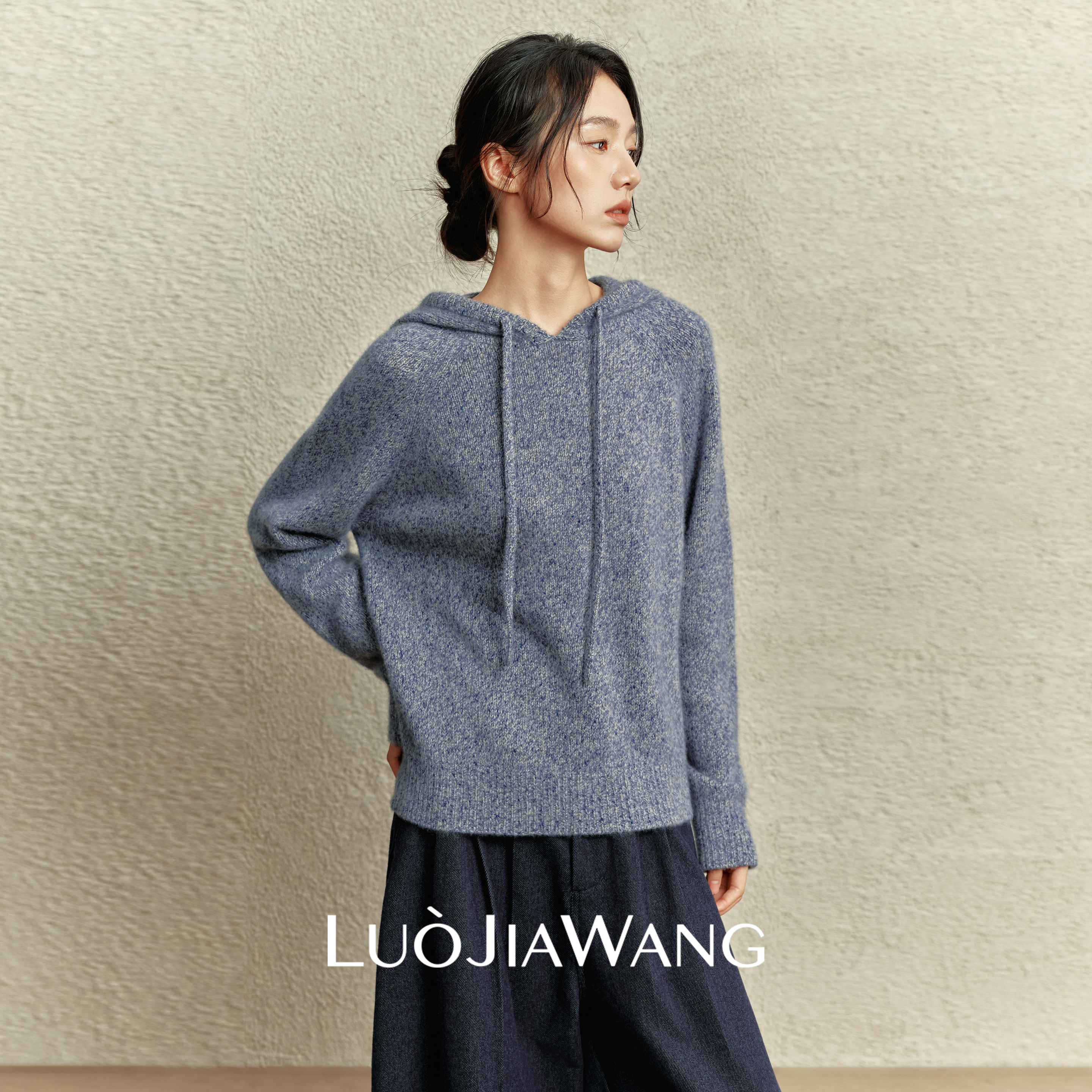 山羊绒桑蚕丝连帽毛衣软糯花纱慵懒风针织衫女LUOJIAWANG【琉光海】