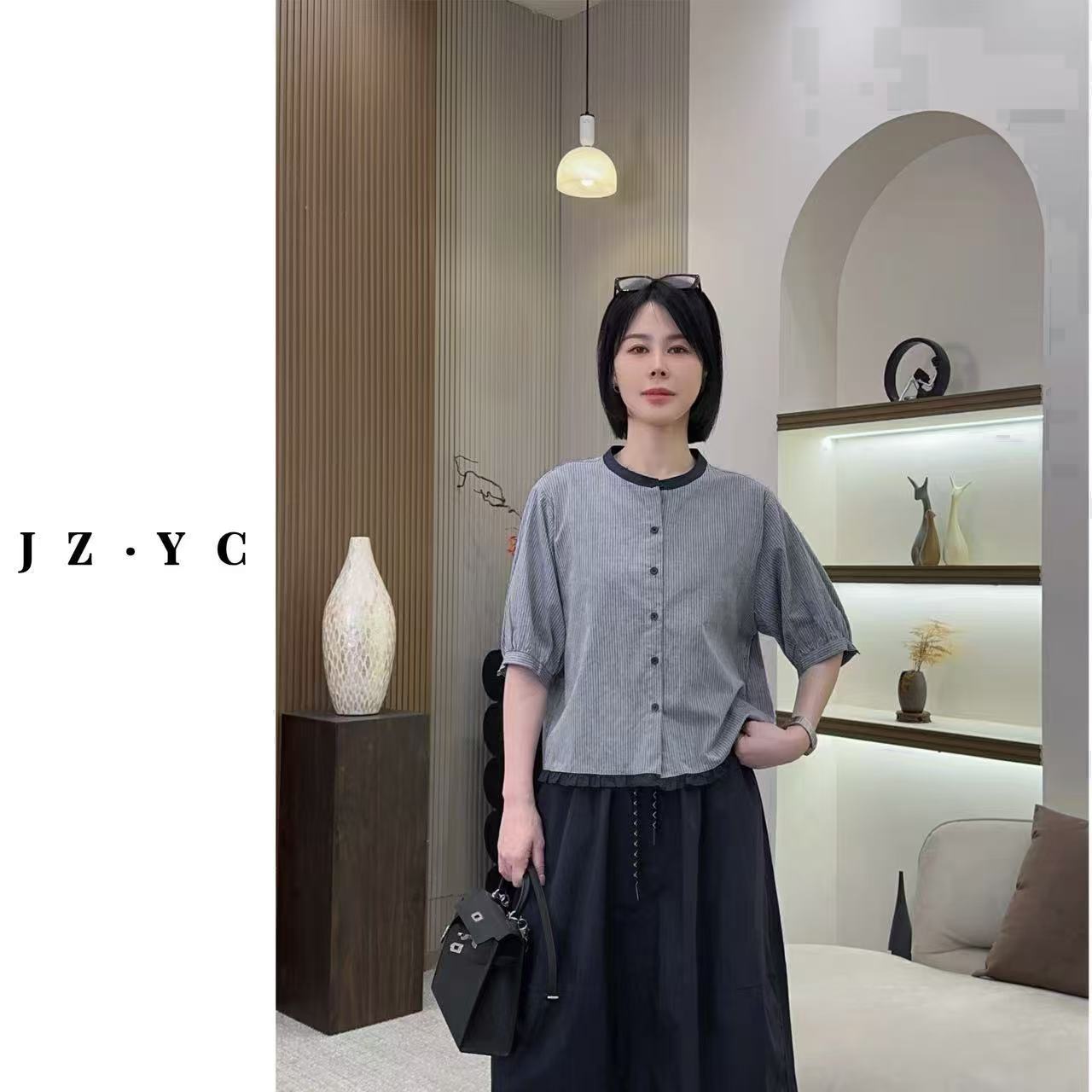 【洁子推荐 】2025夏季新款256731韩系条纹拼领休闲衬衫JZYC256731