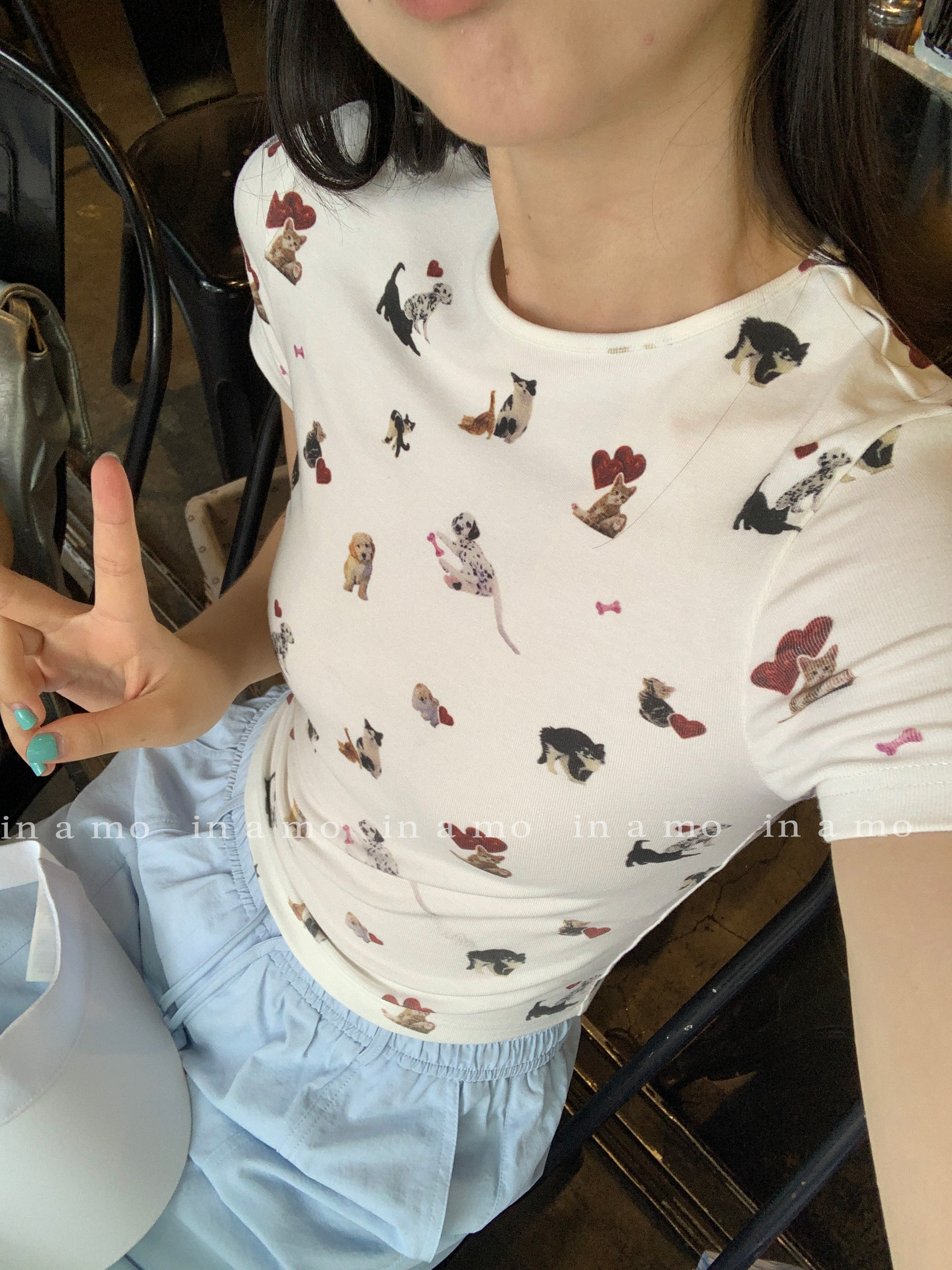 in a mo【小猫小狗T】印花圆领弹力修身显瘦T恤短袖