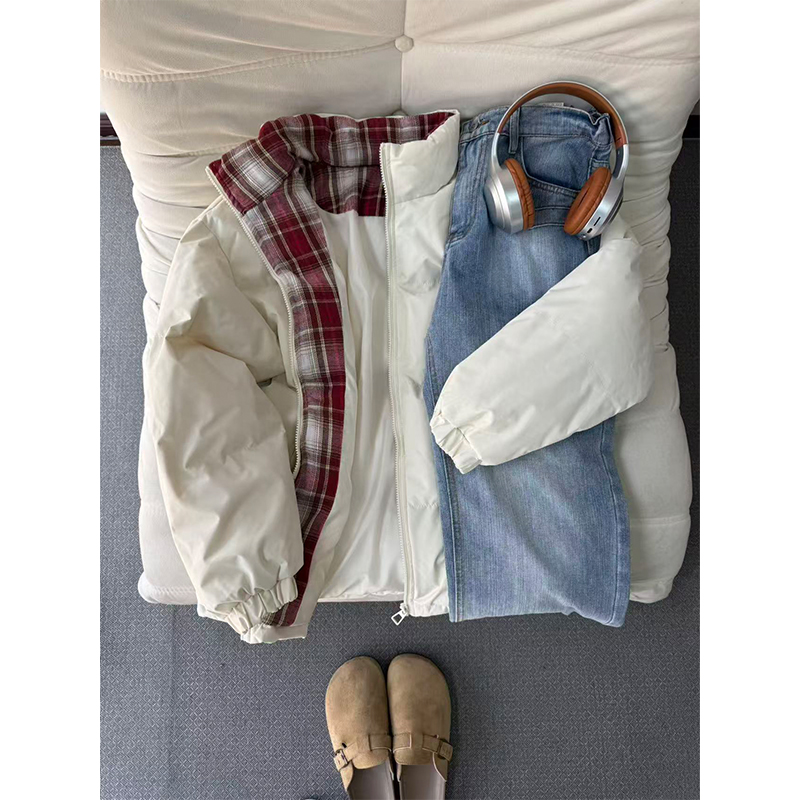 杏色格子拼接棉服男冬季加厚保暖立领面包服cleanfit情侣棉衣外套