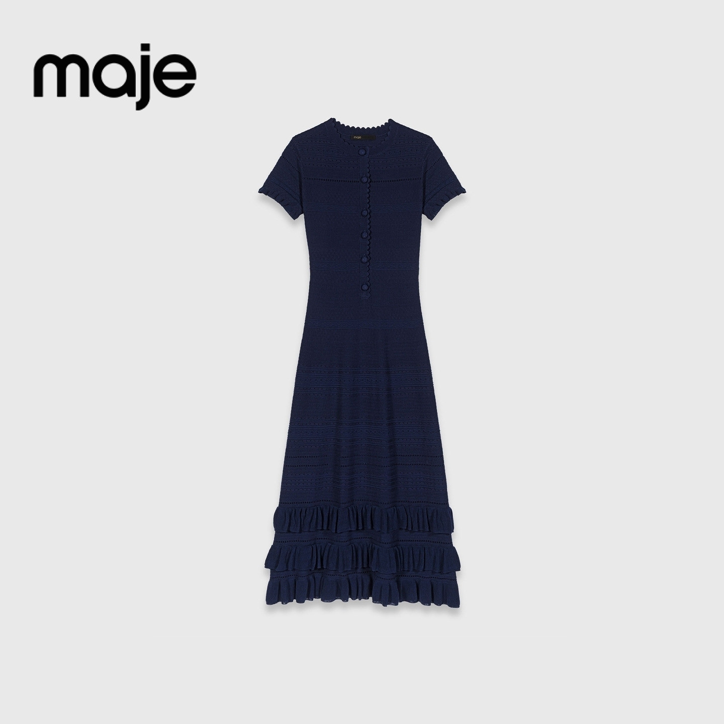 Maje2026春季新款时尚深蓝色荷叶边裙摆短袖针织连衣裙MFPRO04588