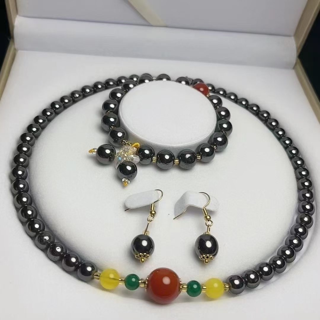 马卡龙黑色男女款项链手链耳饰三件套-yz