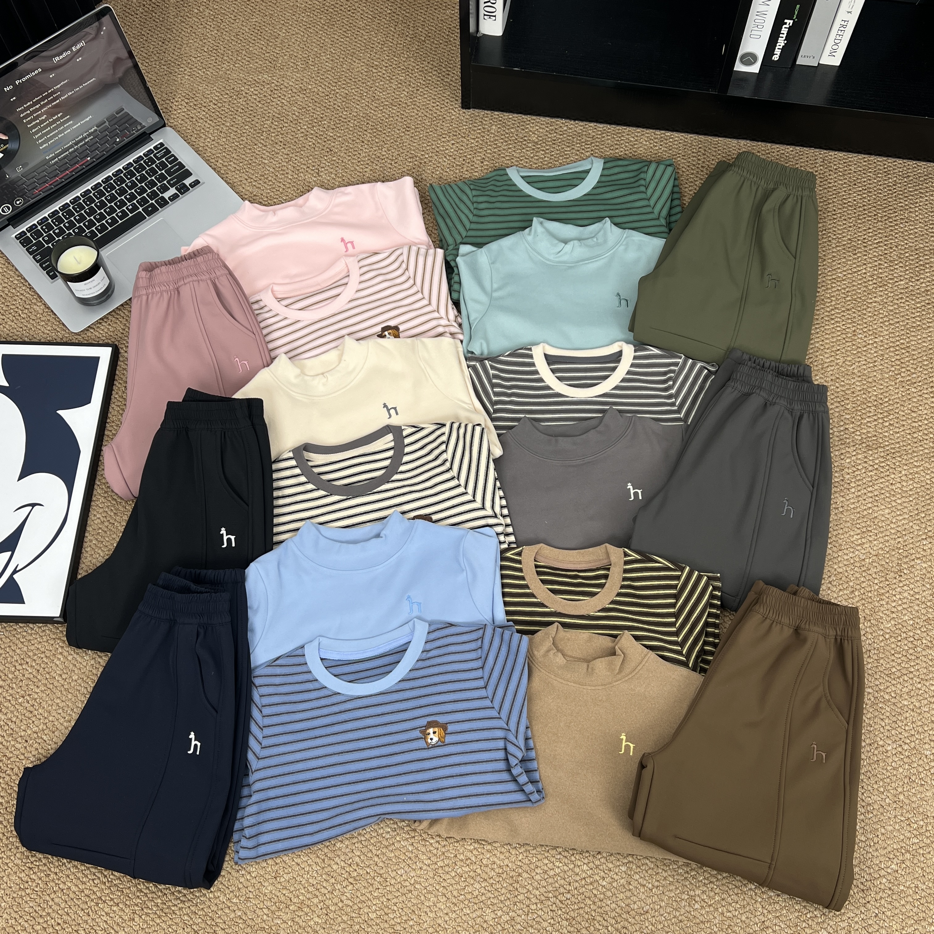 冬季新款儿童加绒长袖T防风裤条纹衫三件套《mb加绒小狗三件套》