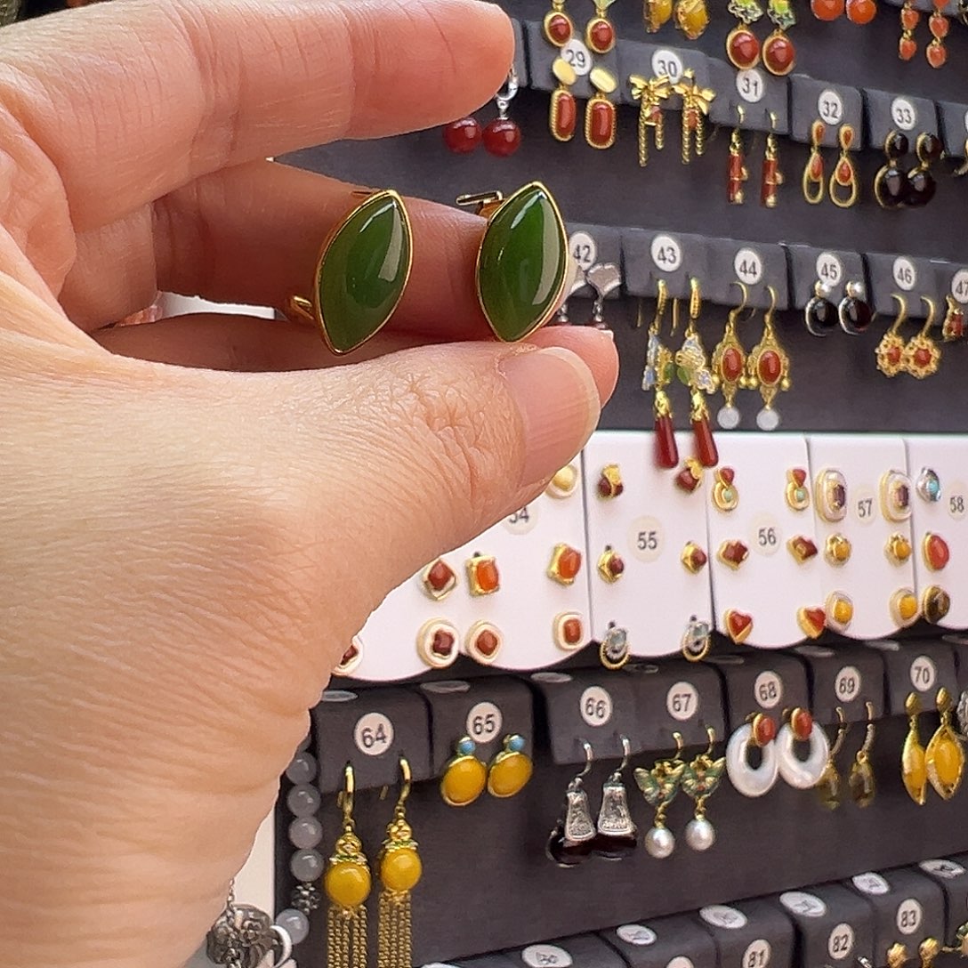 和田玉未镶嵌耳饰通体纯银天然碧玉耳拍