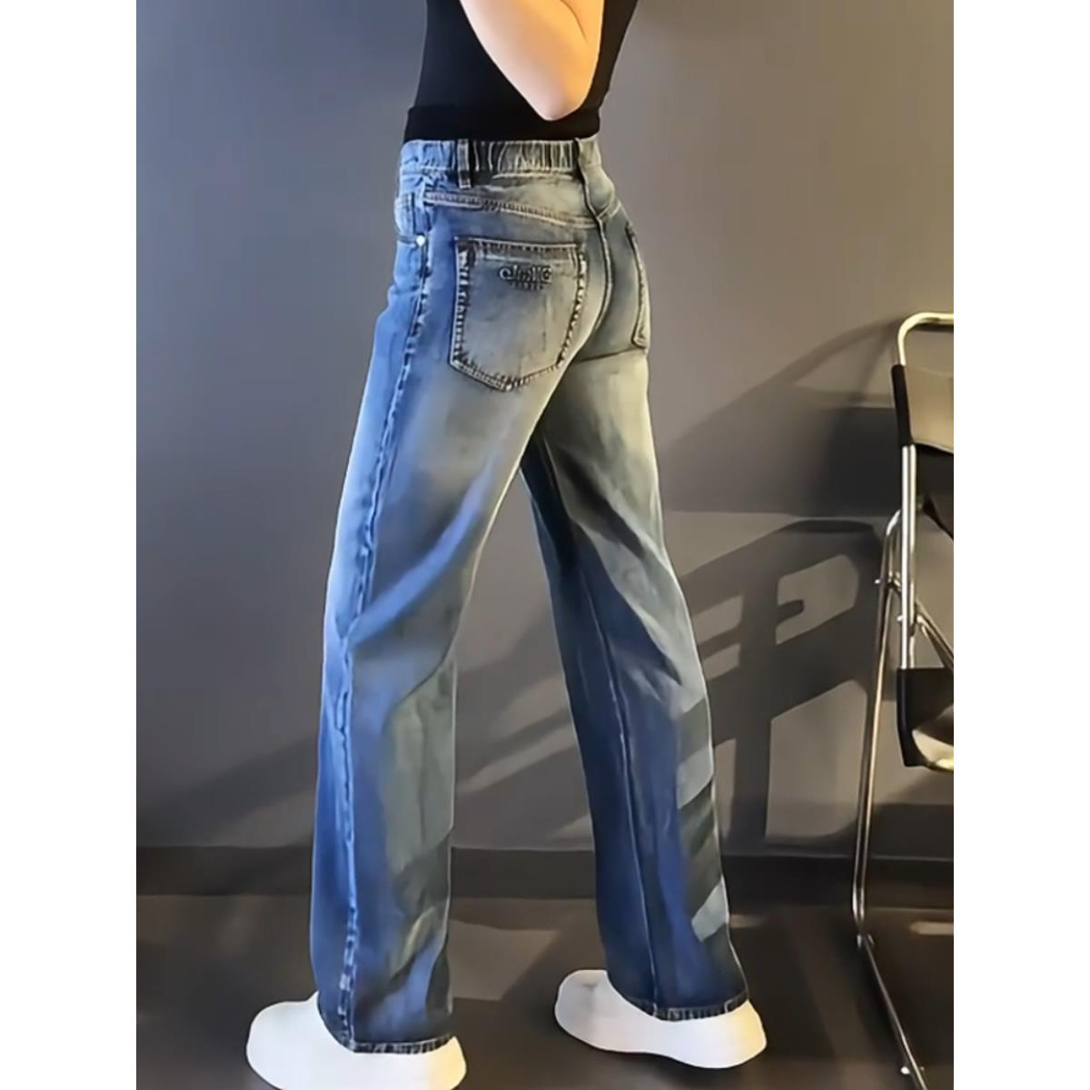 春秋新款蓝色牛仔裤男士潮牌薄款柔软阔腿休闲显瘦宽松男装长裤子