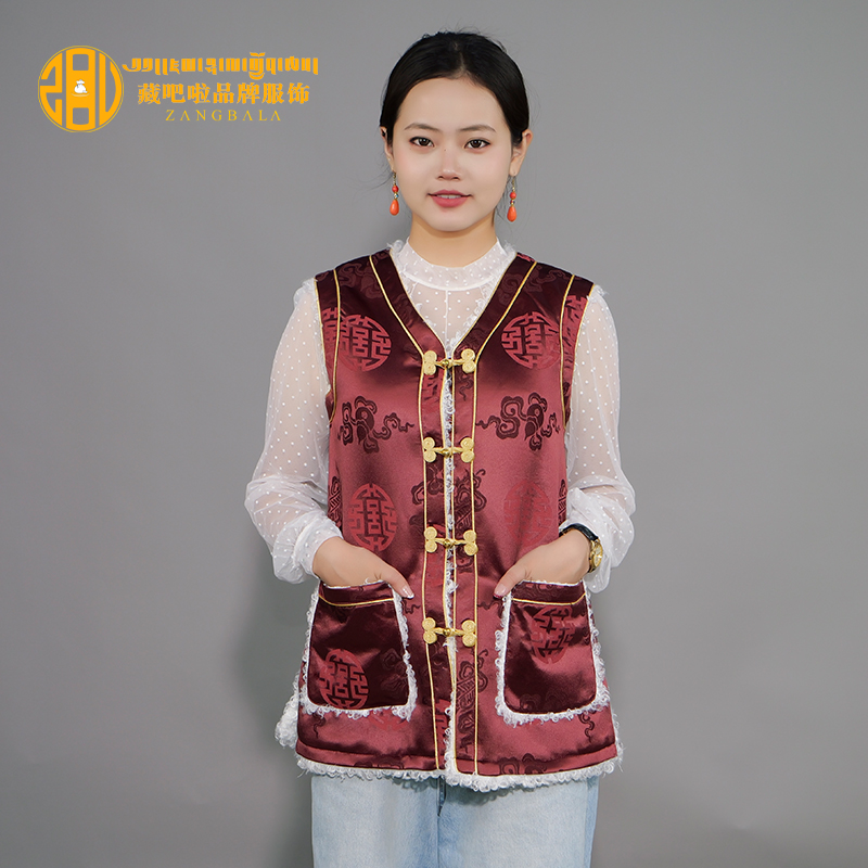 藏吧啦女士中老年喜圆葫芦花提花棉马甲