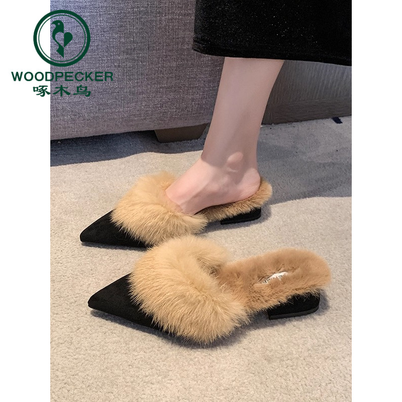 啄木鸟毛毛拖鞋女2025秋冬新款尖头时尚半拖外穿粗跟高跟气质包头