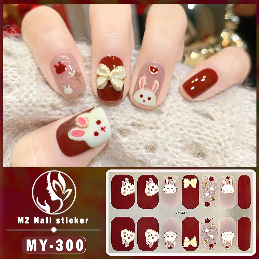 【300】车厘子红立体兔子气质显白防水凝胶美甲贴14指免烤灯免打磨