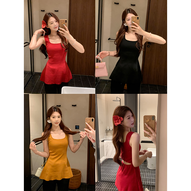 【现货心机girl】甜辣多多方领露腰针织上衣女夏季2025新款收腰背心