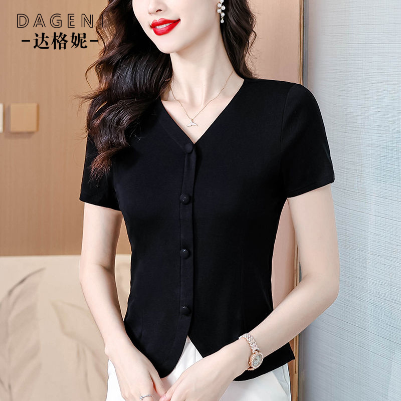 时尚V领黑色T恤女短袖2025夏季新款收腰显瘦气质减龄简约百搭上衣