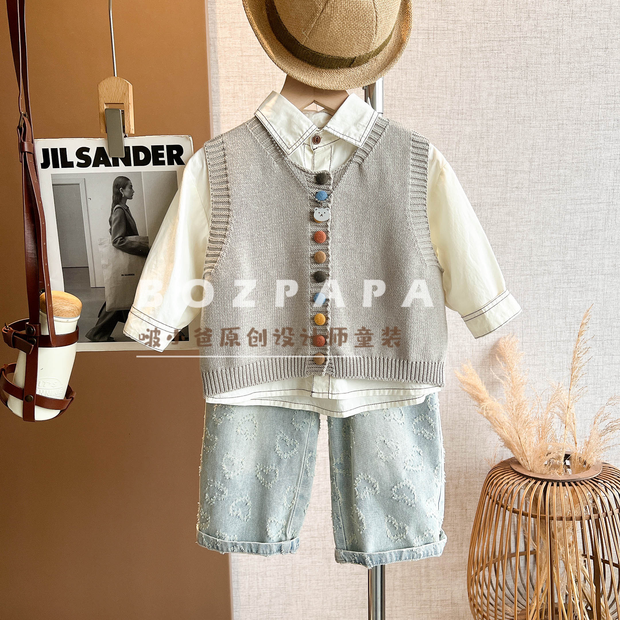 现货啵小爸【呼吸间隙】2025春季男童韩系休闲彩色纽扣马甲三件套