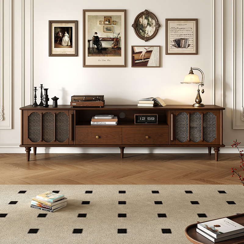 美式复古实木高款电视柜收纳储物柜一体客厅家用中古轻奢高级地柜