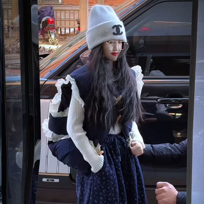 女童蕾丝拼接马甲外套冬季花边棉服洋气牛角扣棉衣时髦无袖面包服