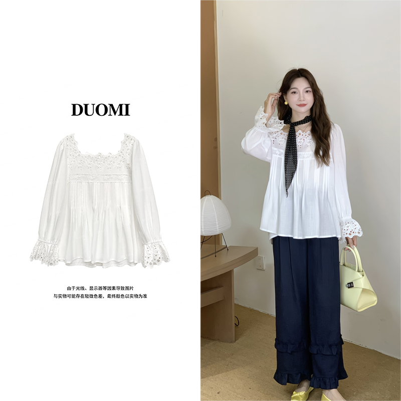 【DUOMI】秋新款女装百搭时尚镂空设计感镂空拼花边衬衫上衣女D7566