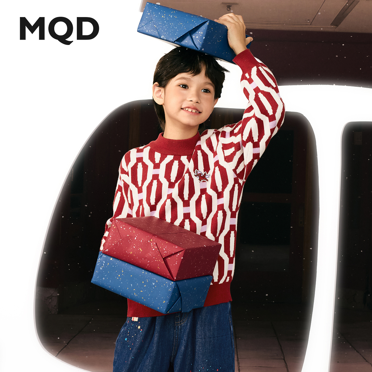 【拜年服】MQD男童25冬新款满版提花女童亲肤半高领毛衣9654W07A1