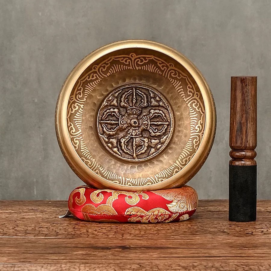 尼泊尔十字杵颂钵（10.5cm）手绘铭文送圈垫+敲棒