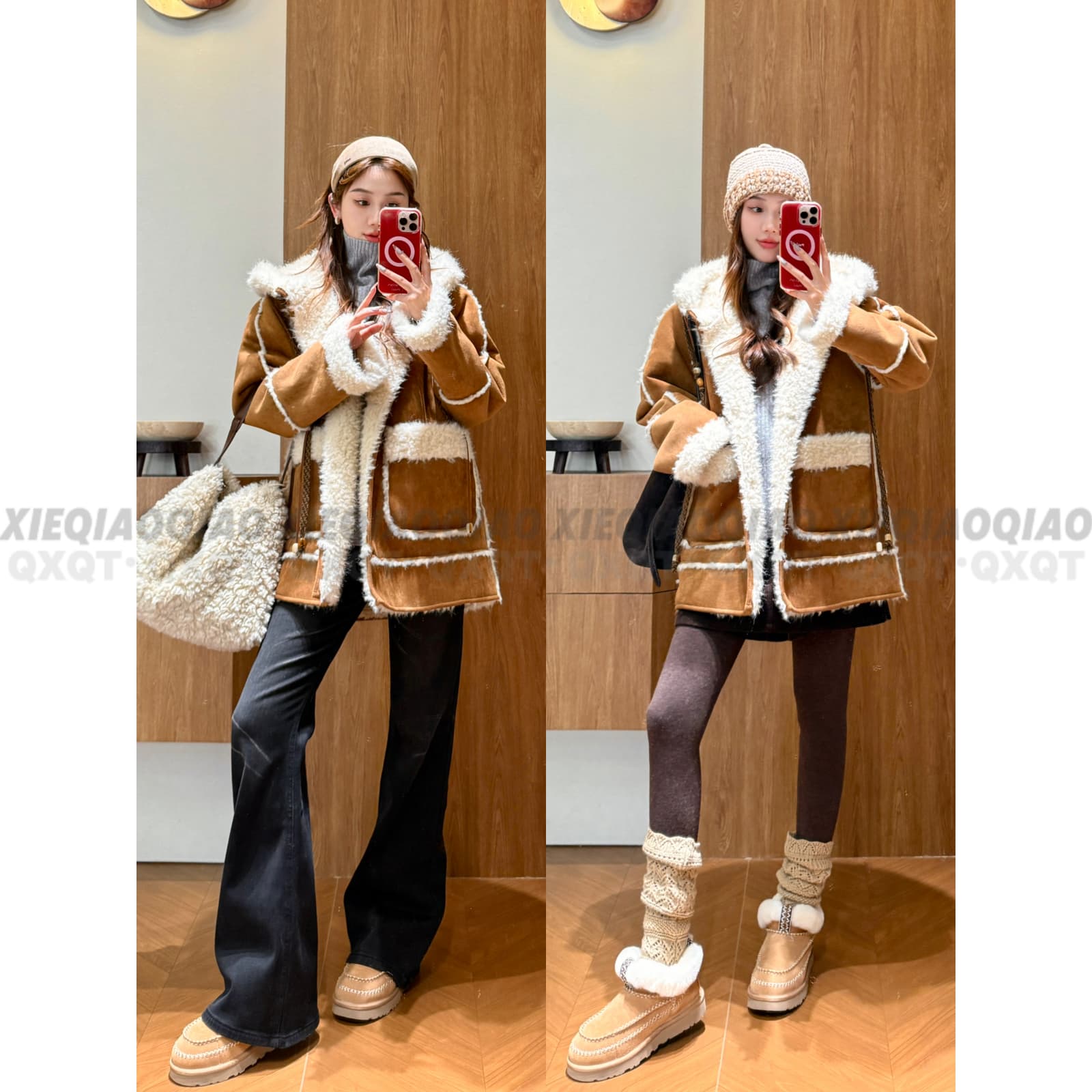 谢荞荞「拿铁奶卷」秋冬季款麂皮绒单排扣加厚保暖宽松连帽毛毛外套