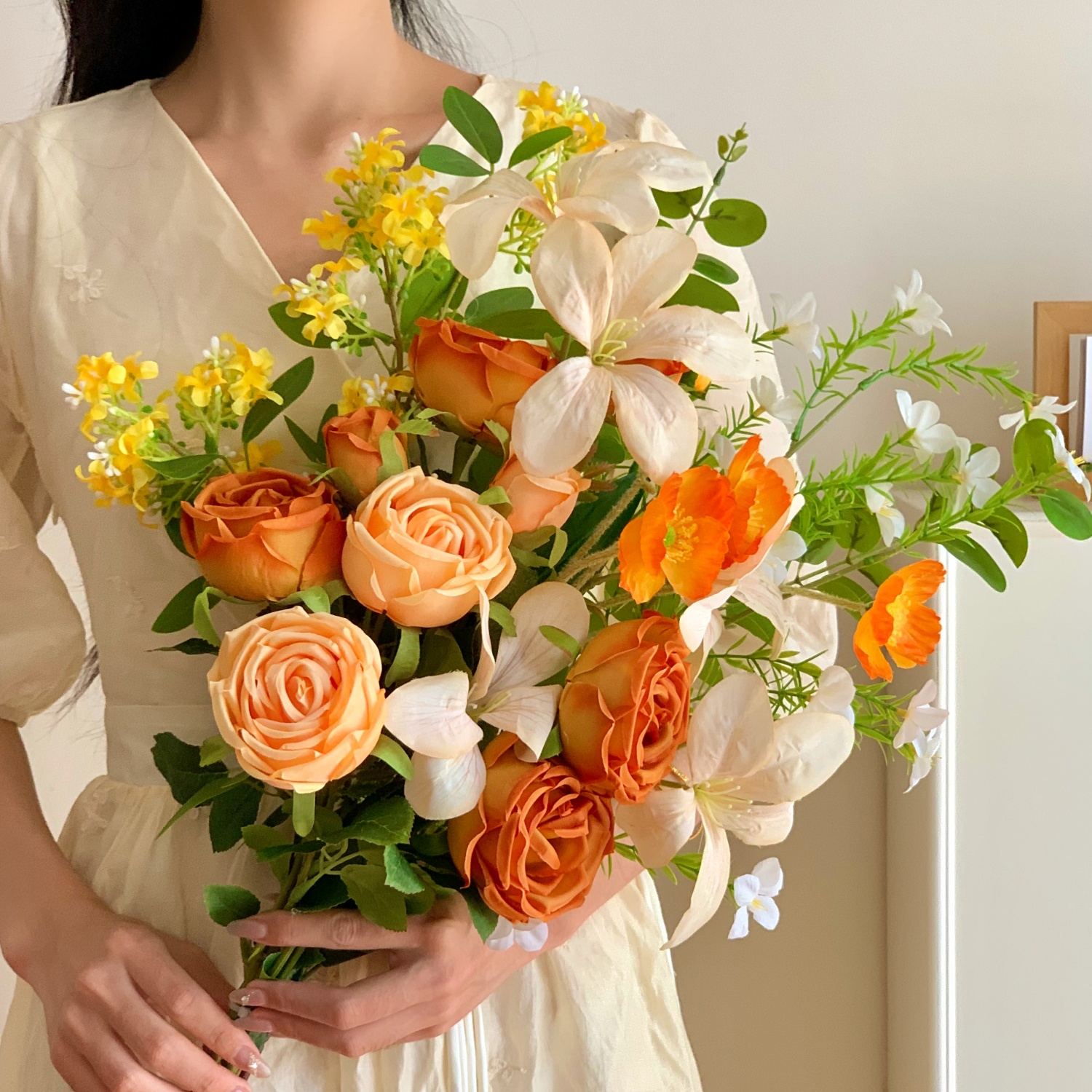 橘色私语仿真花玫瑰花束火焰兰虞美人假花插花摆设客厅装饰品拍照