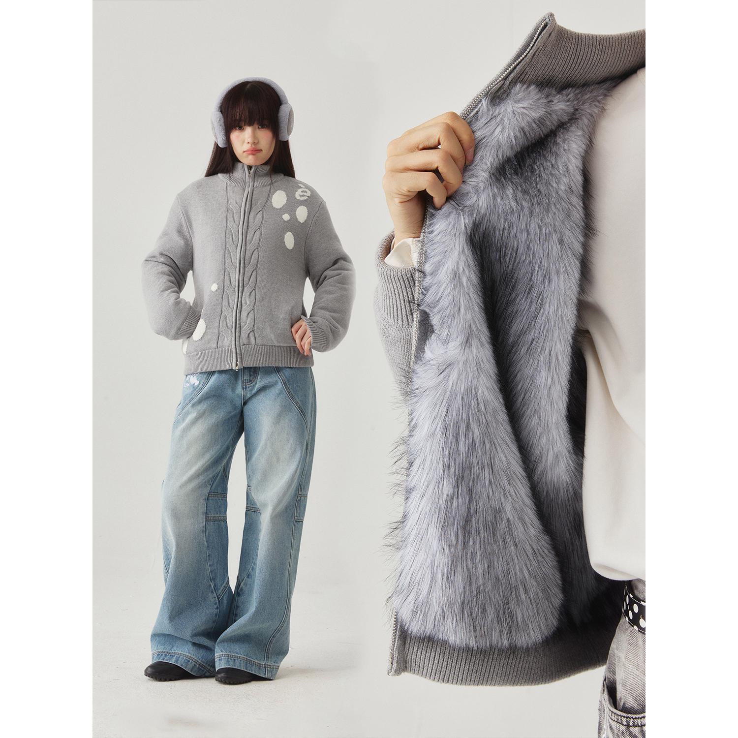 “极狐”| eeee设计感波点提花针织开衫仿狼毛内里保暖座山雕外套