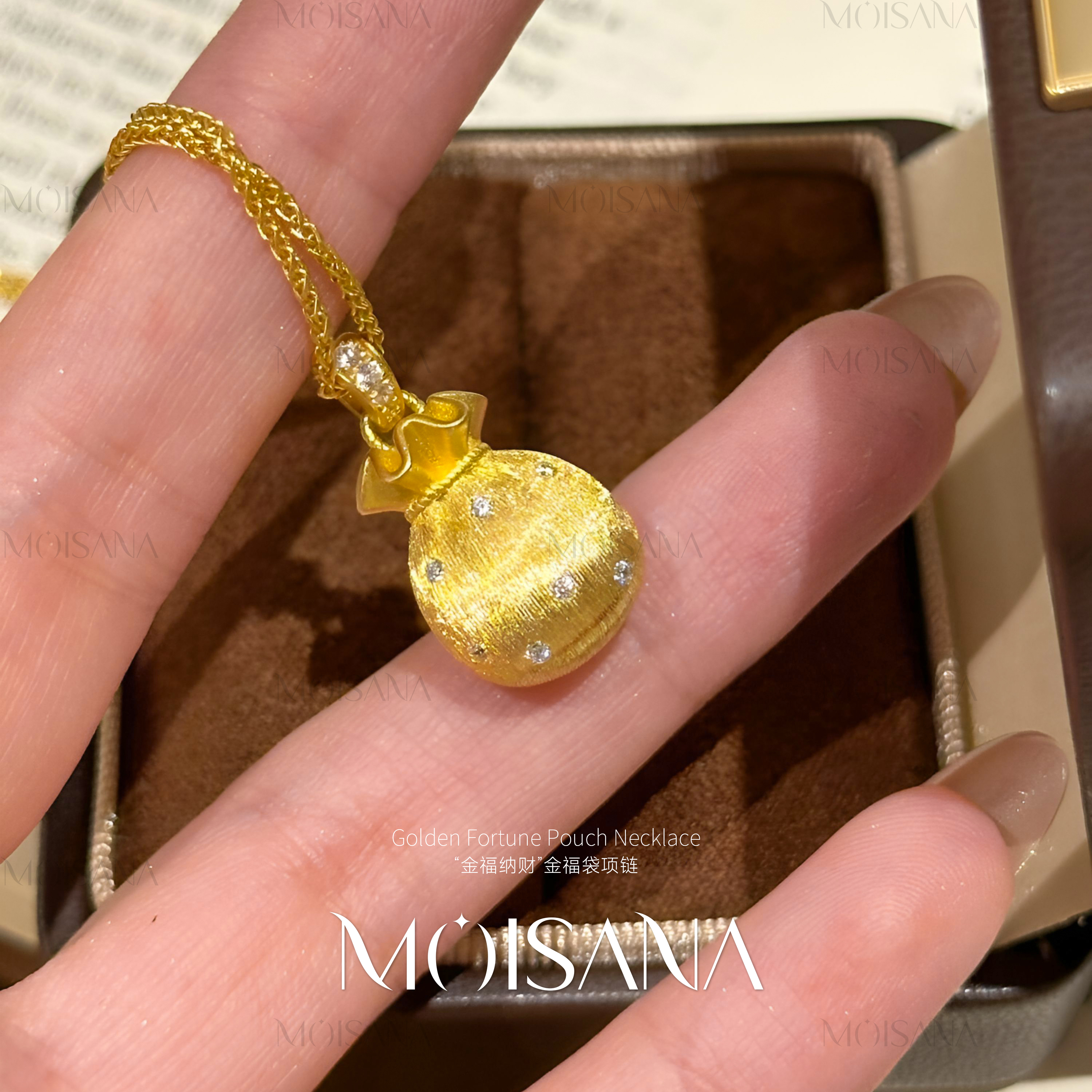 坠链均925银合成锆石 油光拉丝工艺金福袋吊坠项链轻奢气质百搭