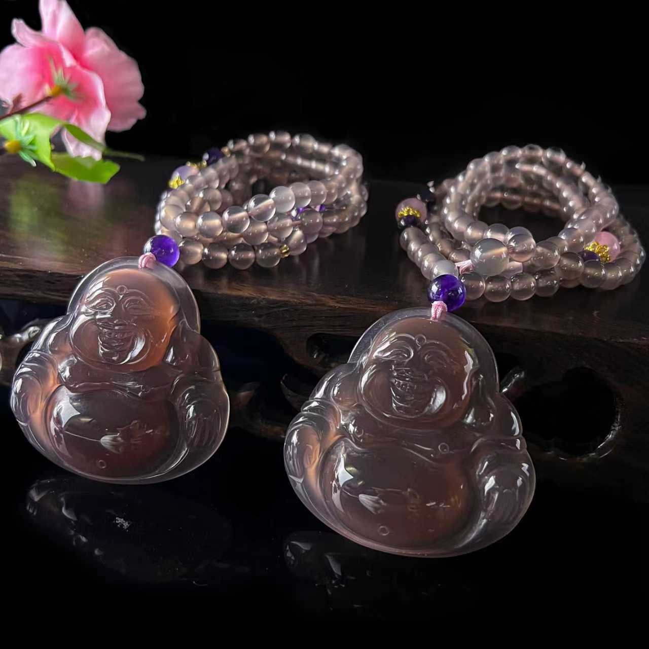 q-S6928-烟紫黑冰玛瑙佛公-配珠链-多样性发其一