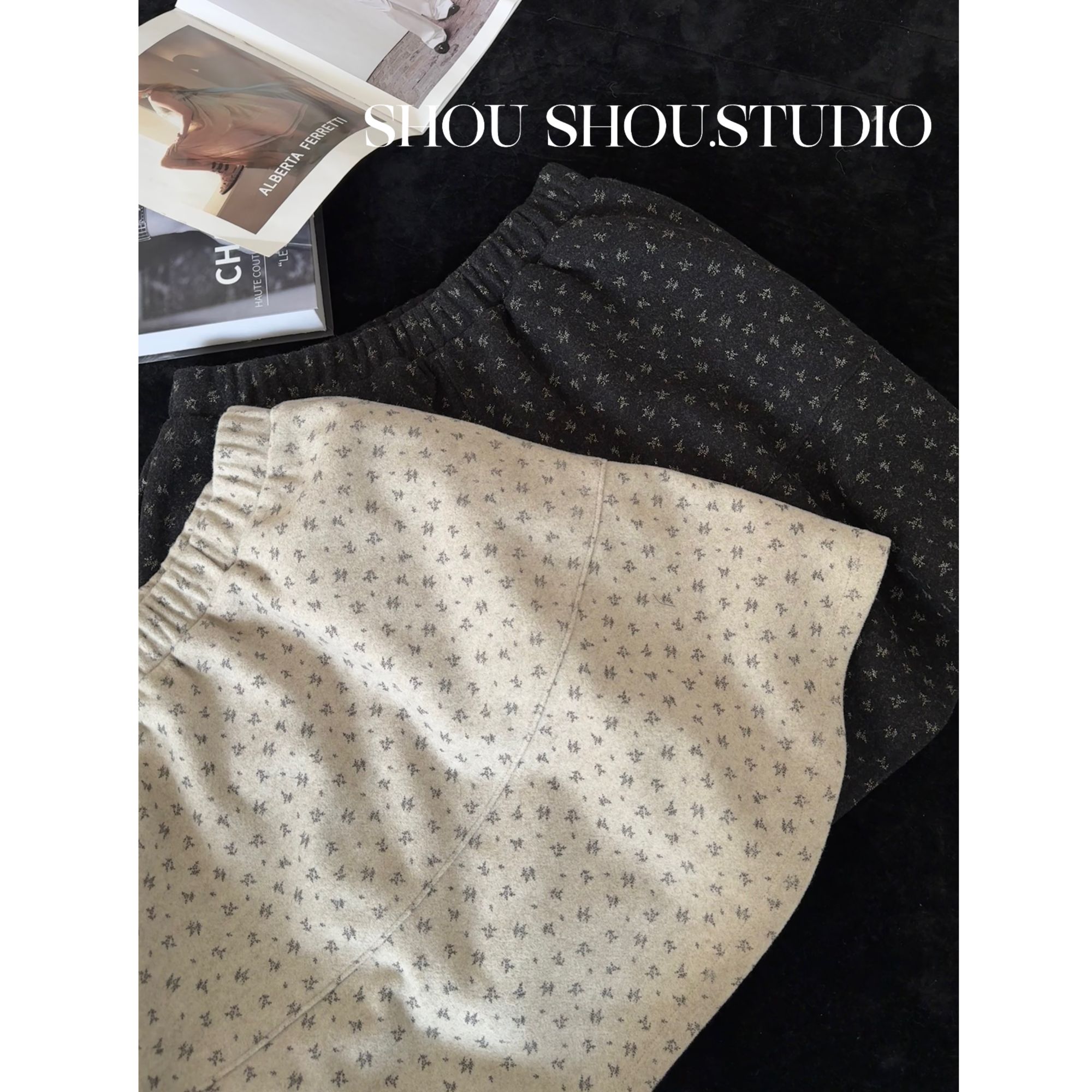 【菲菲】大码松紧腰小碎花加厚呢子面料带口袋百搭花苞短裙S02387