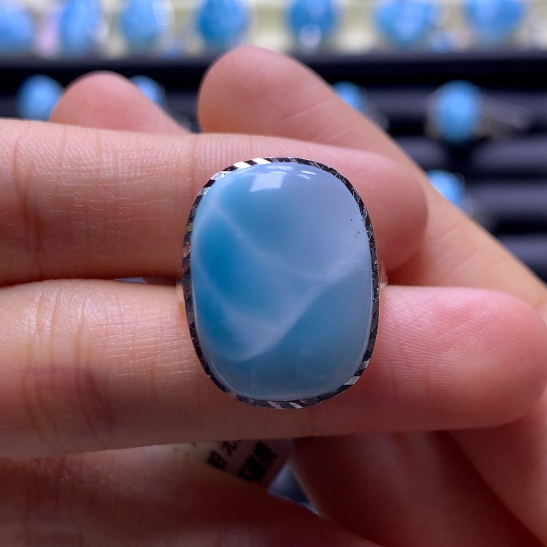 针钠钙石（海纹石）银S925镶嵌戒指方戒指色差略异