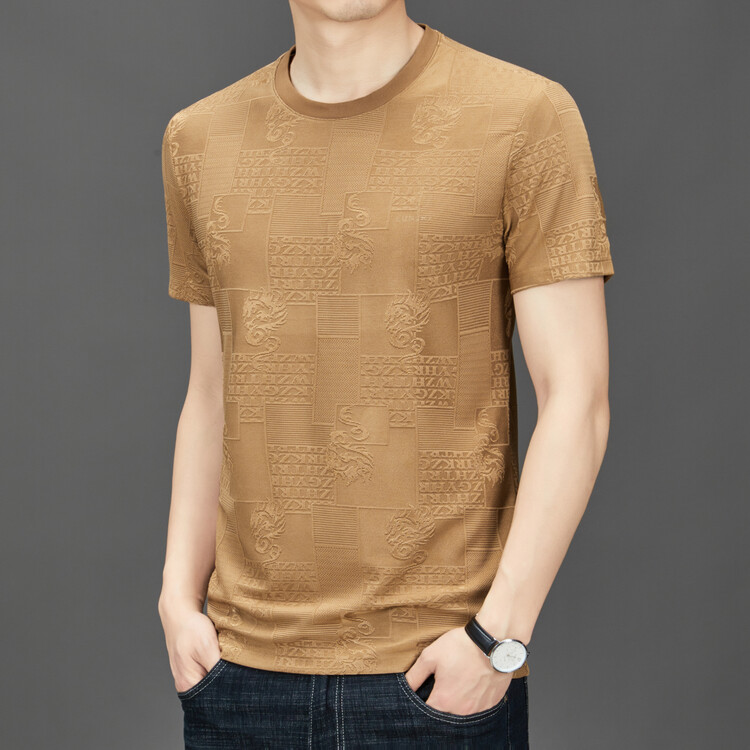 冰丝圆领短袖t恤男士凉感提花半袖中年男式潮流休闲薄款体恤国潮