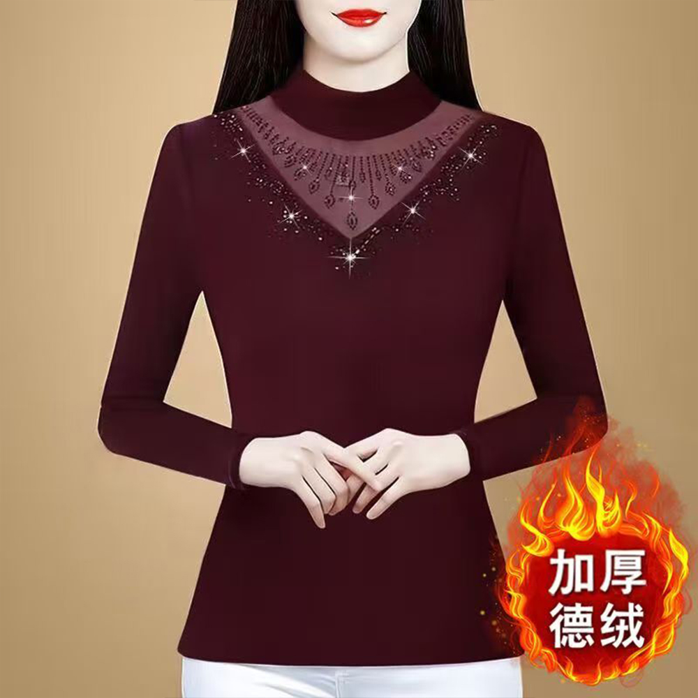 9083#烫钻德绒秋冬新款长袖半高领薄绒中老年印花妈妈装打底上衣