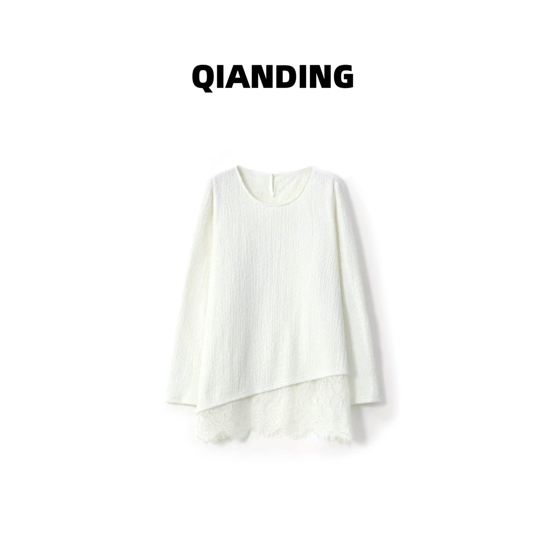 【QIANDING】【雪饼花蕾衫】肌理绒感浮雕蕾丝拼接百搭保暖上衣F394