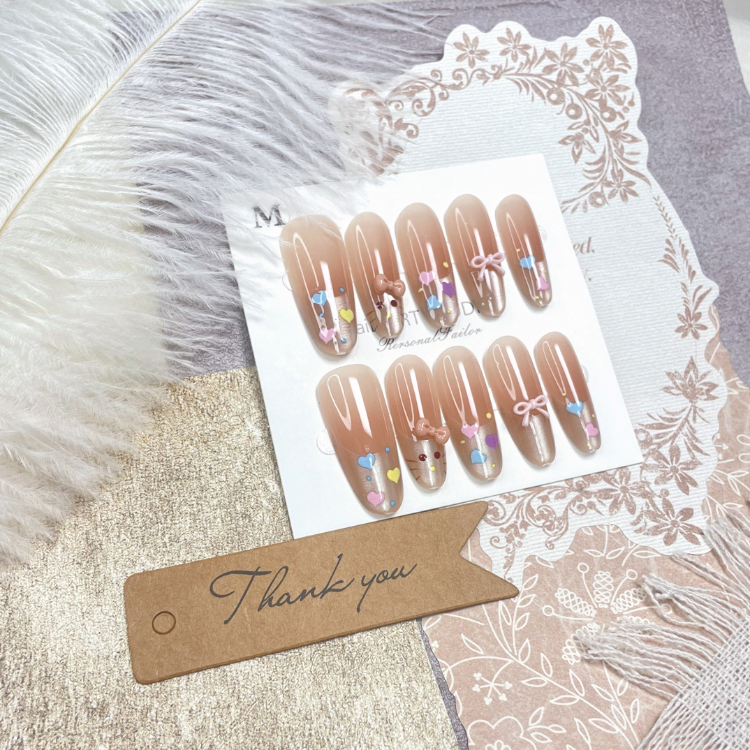 可爱卡通KT猫美拉德晕染显白百搭鎏金美甲穿戴甲少女秋季新款