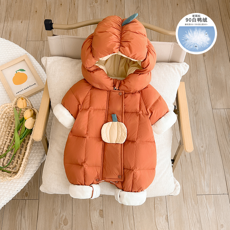 冬季婴儿加厚保暖羽绒连体衣男女宝宝冬装满月百天周岁外出爬服