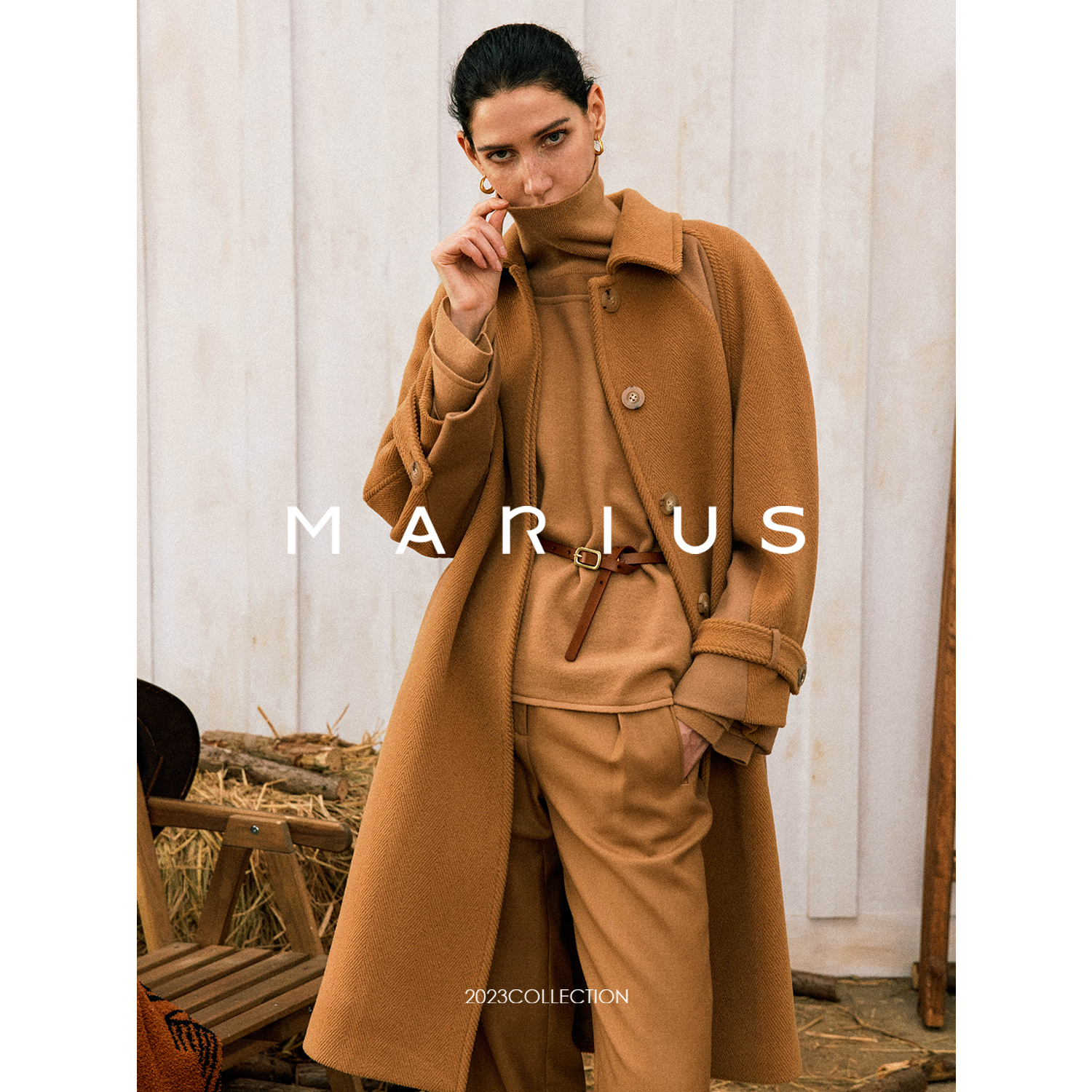 MARIUS“烤花大衣”经典罕见人字纹烤花呢秋冬老风女羊毛大衣气质