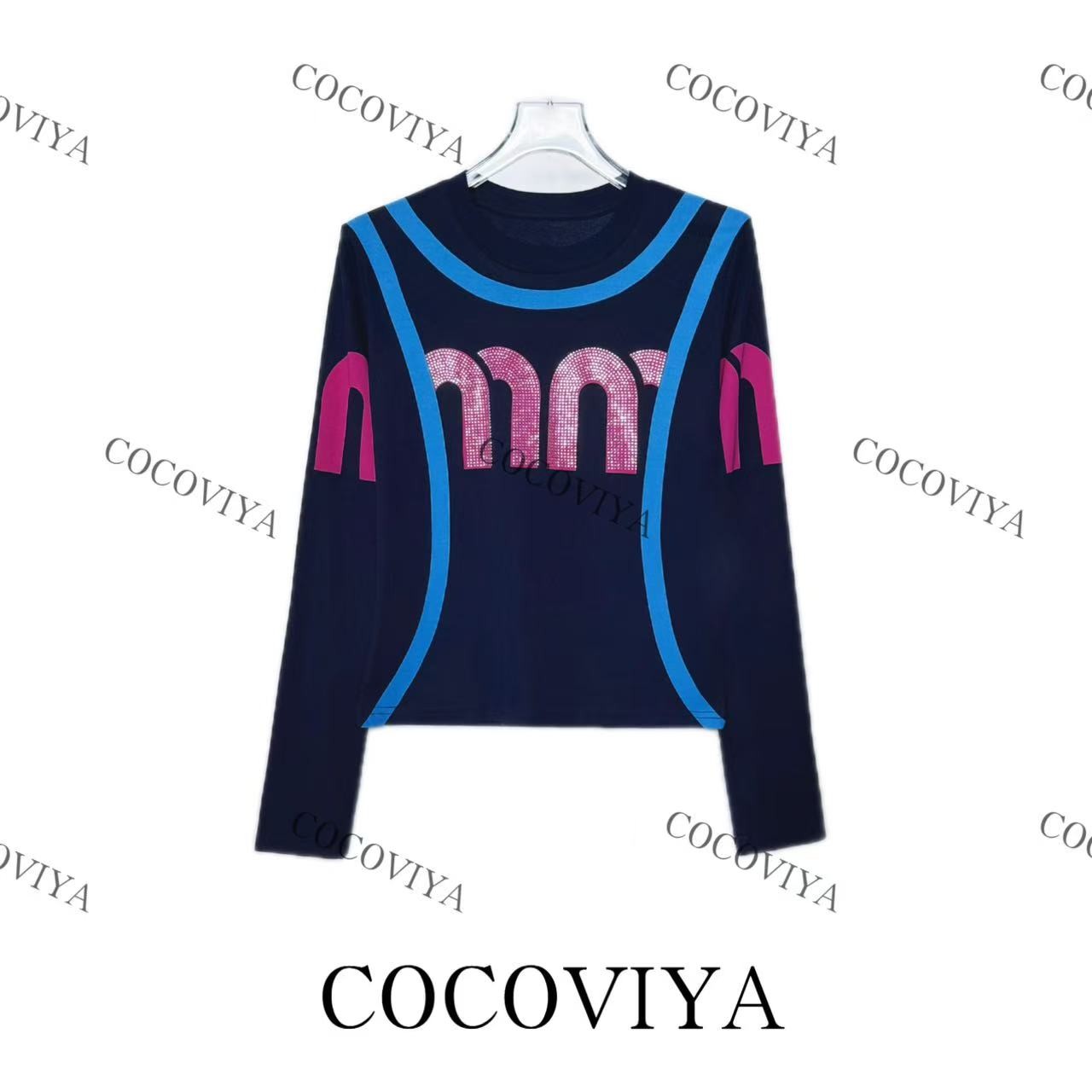 【CC】CCOCOVIYA收腰线条字母大M轻奢长袖T恤时尚内搭上衣26C-247