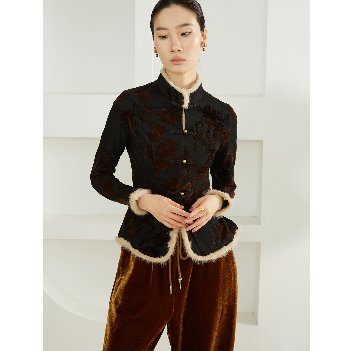 SILVIYE水貂毛外套开衫女重磅正门襟宽松显瘦新中式上衣冬SY52403