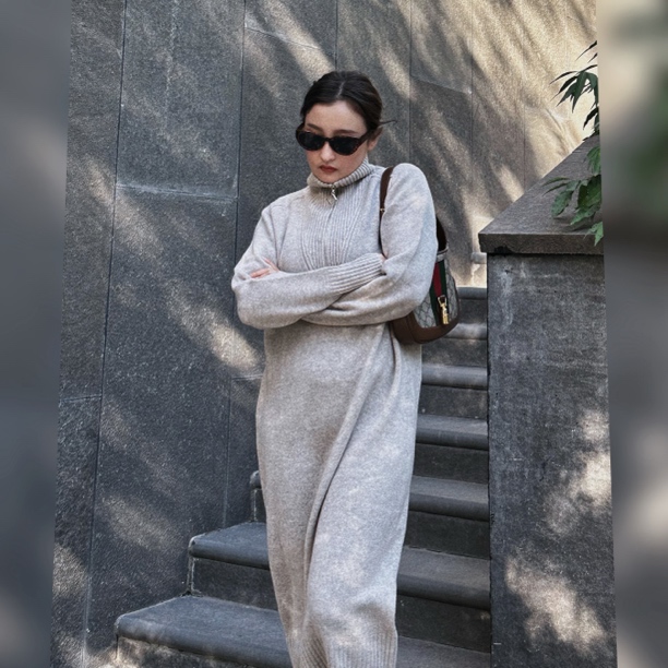 「paobi秋冬中长款羊绒原创服饰」纯羊毛毛衣灰色连衣裙