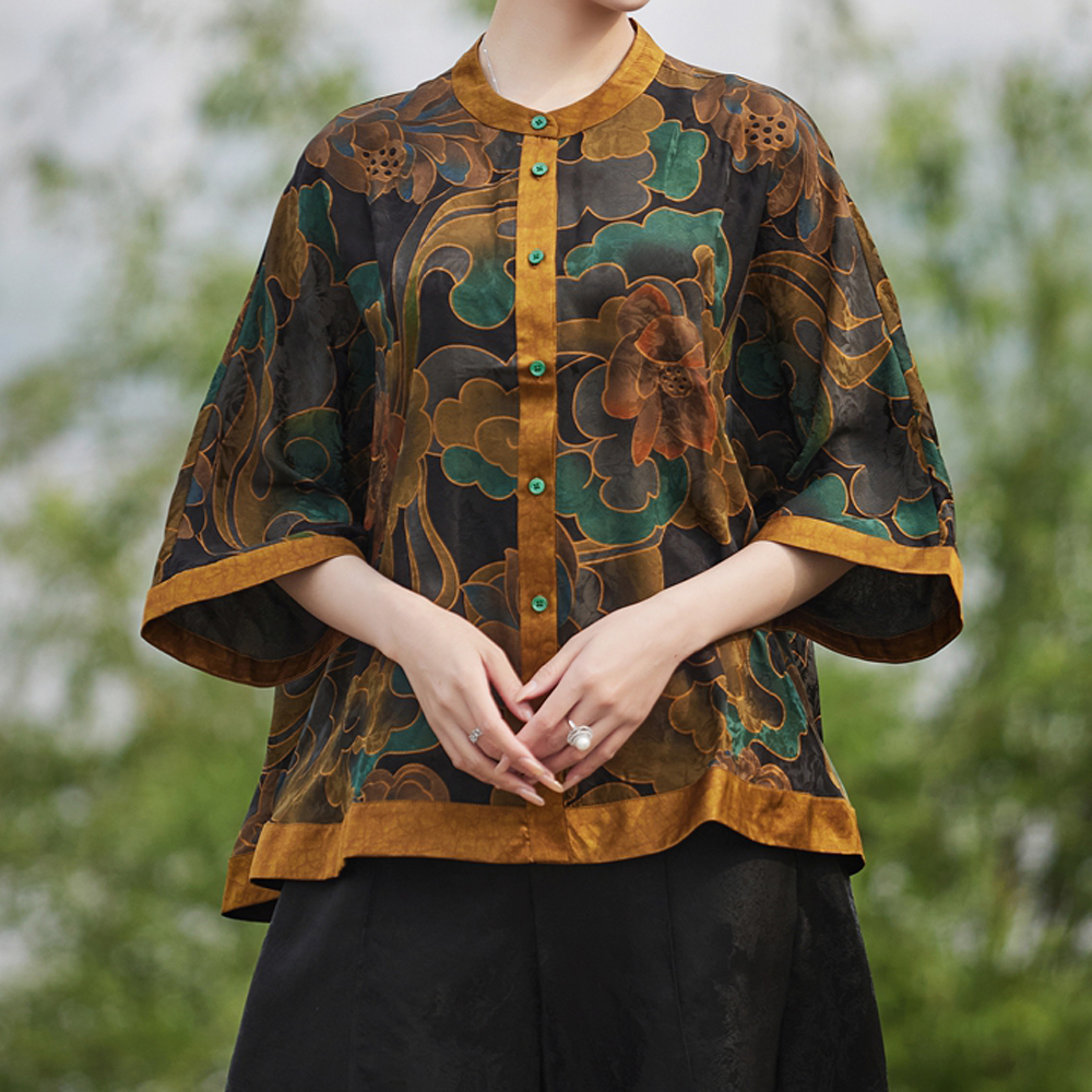 【白雪.荐选】香云纱提花段蝙蝠袖新国风宽松显瘦上衣C307