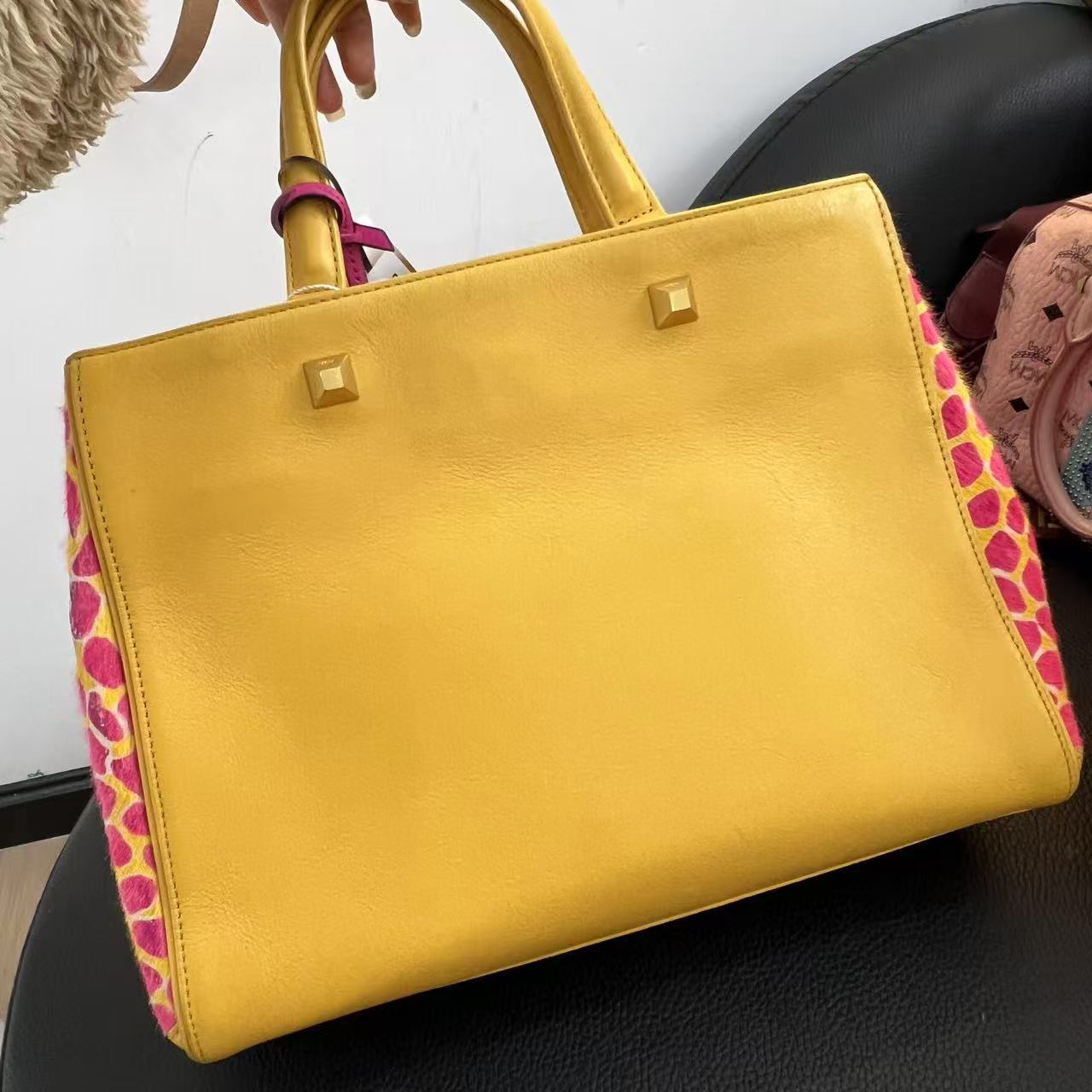 99新 MCM 大麦中古/mcm黄色手提托特包/
