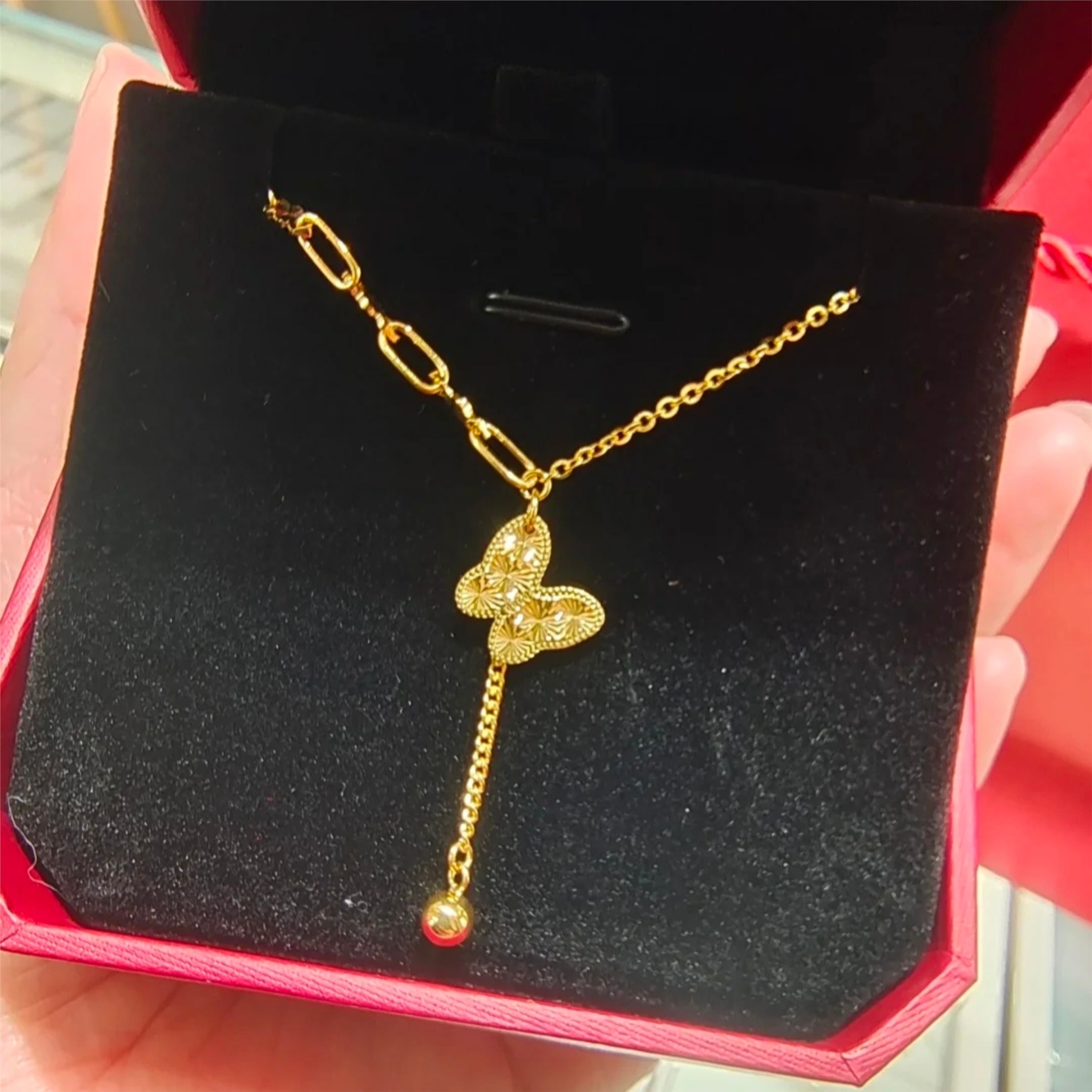 铜合金项链 美拉德新款蝴蝶黄金色珠流苏蝴蝶项链简约气质送女友