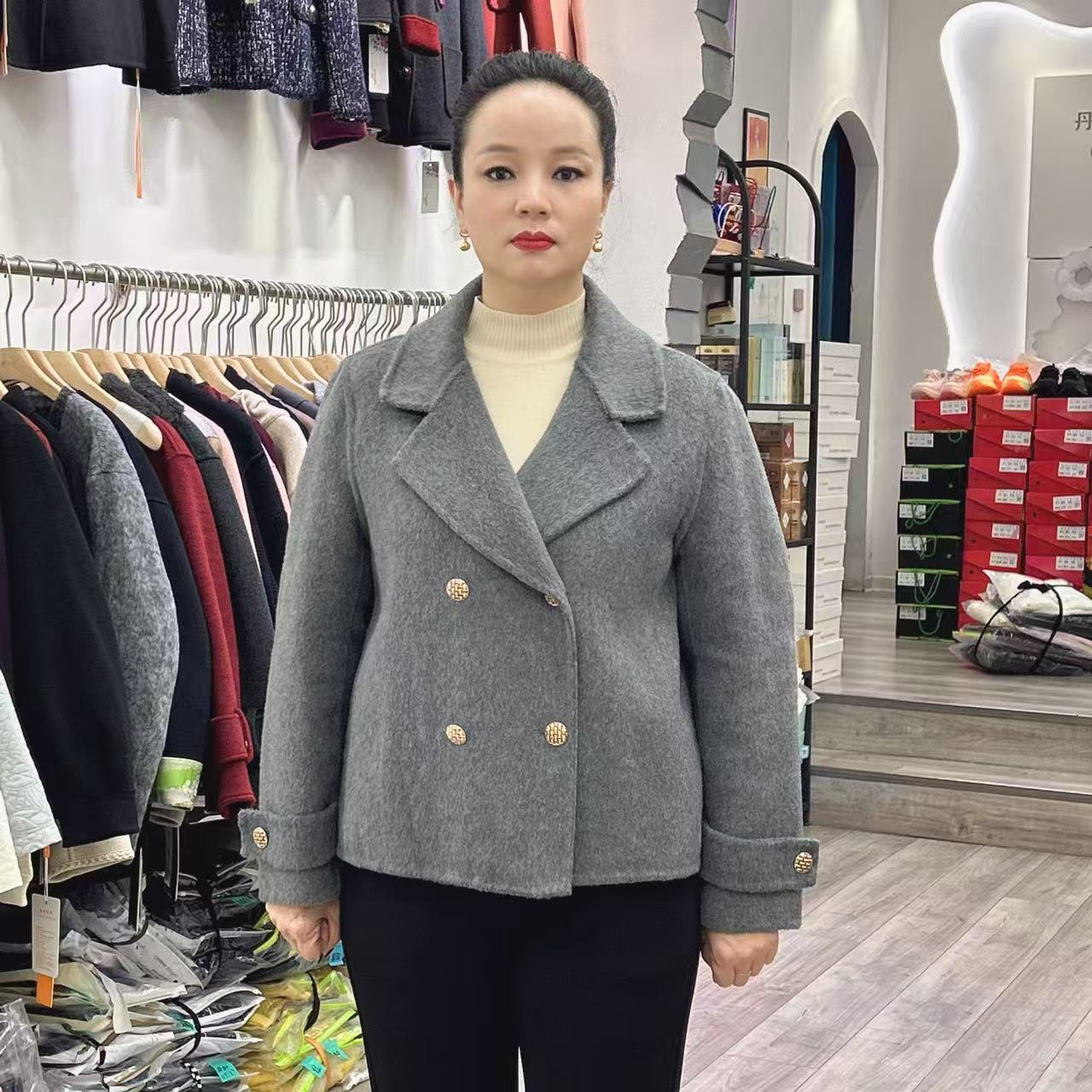 羊绒短款双面大衣西装领双排扣小香风百搭显瘦毛呢外套
