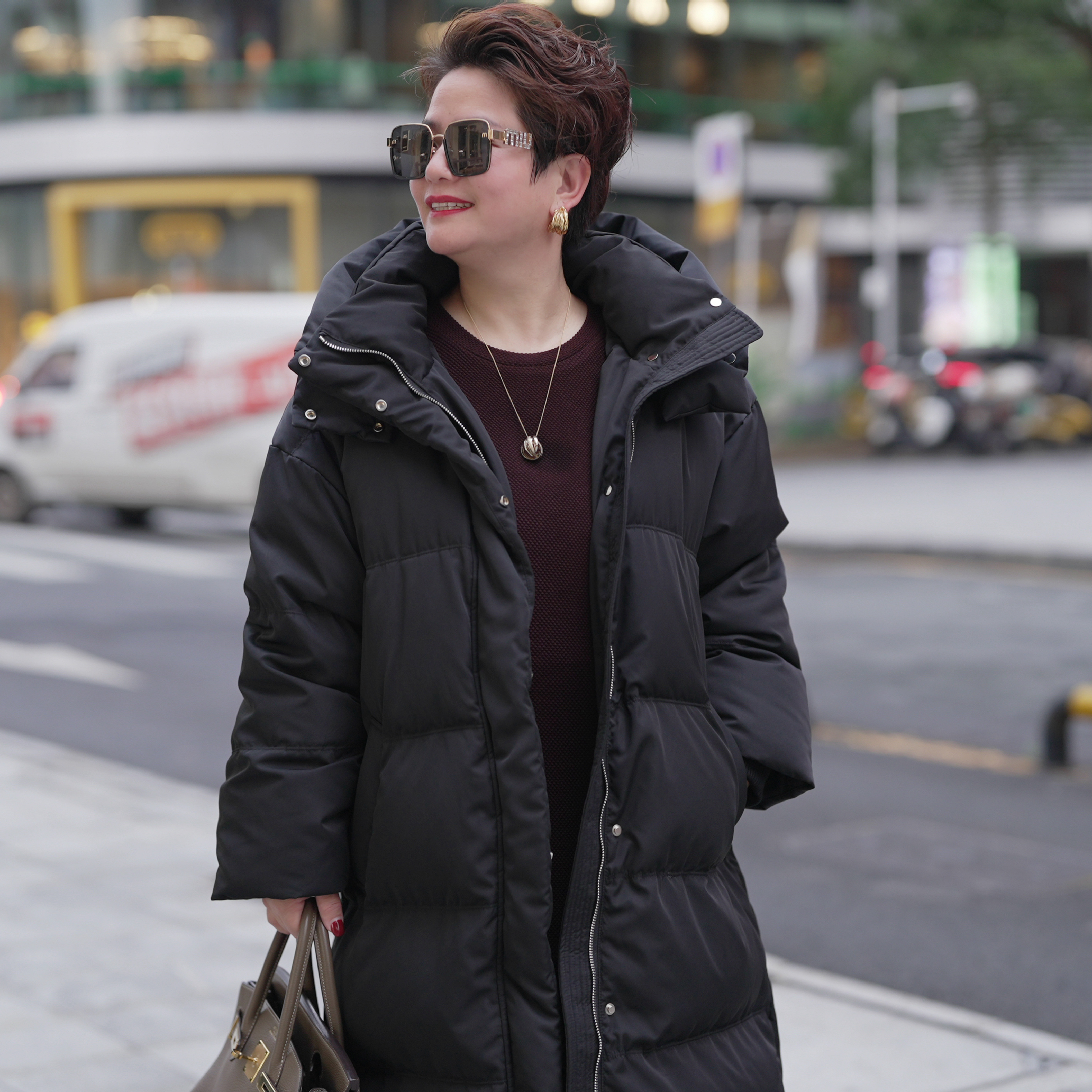 2025秋冬新款百搭保暖加厚连帽鹅绒中长款羽绒服WT037