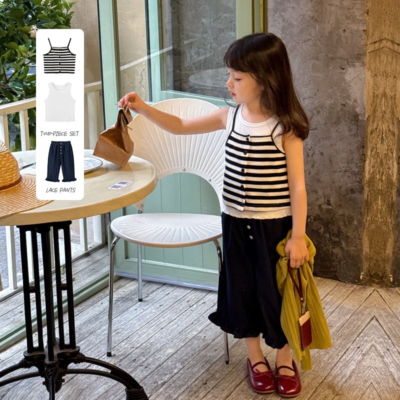 SKB2565女童韩版条纹圆领背心夏装新款拼接两件套上衣花边牛仔裤