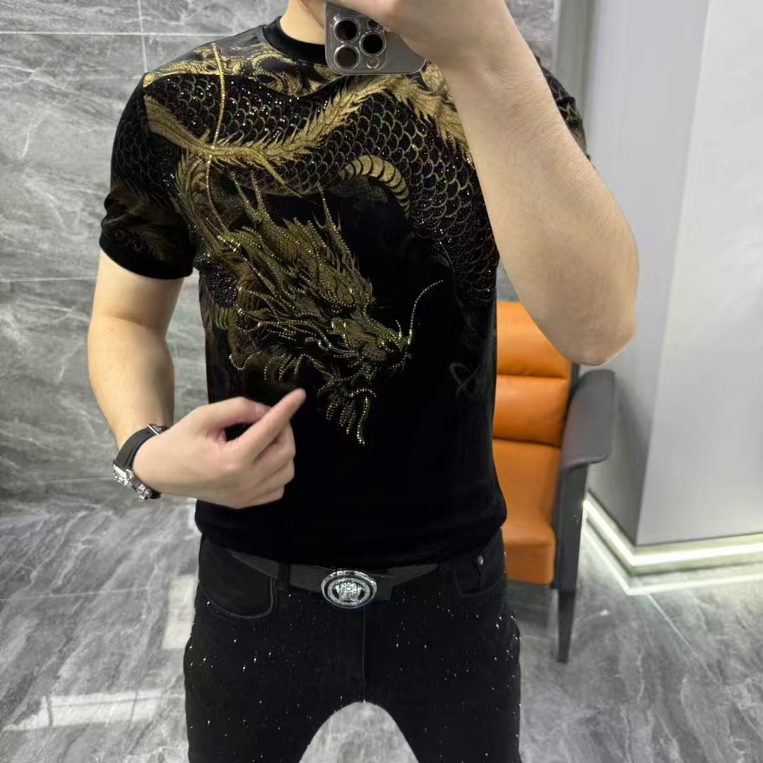 短袖秋冬男士烫钻秋季修身T恤半袖男装百搭印花轻奢68189