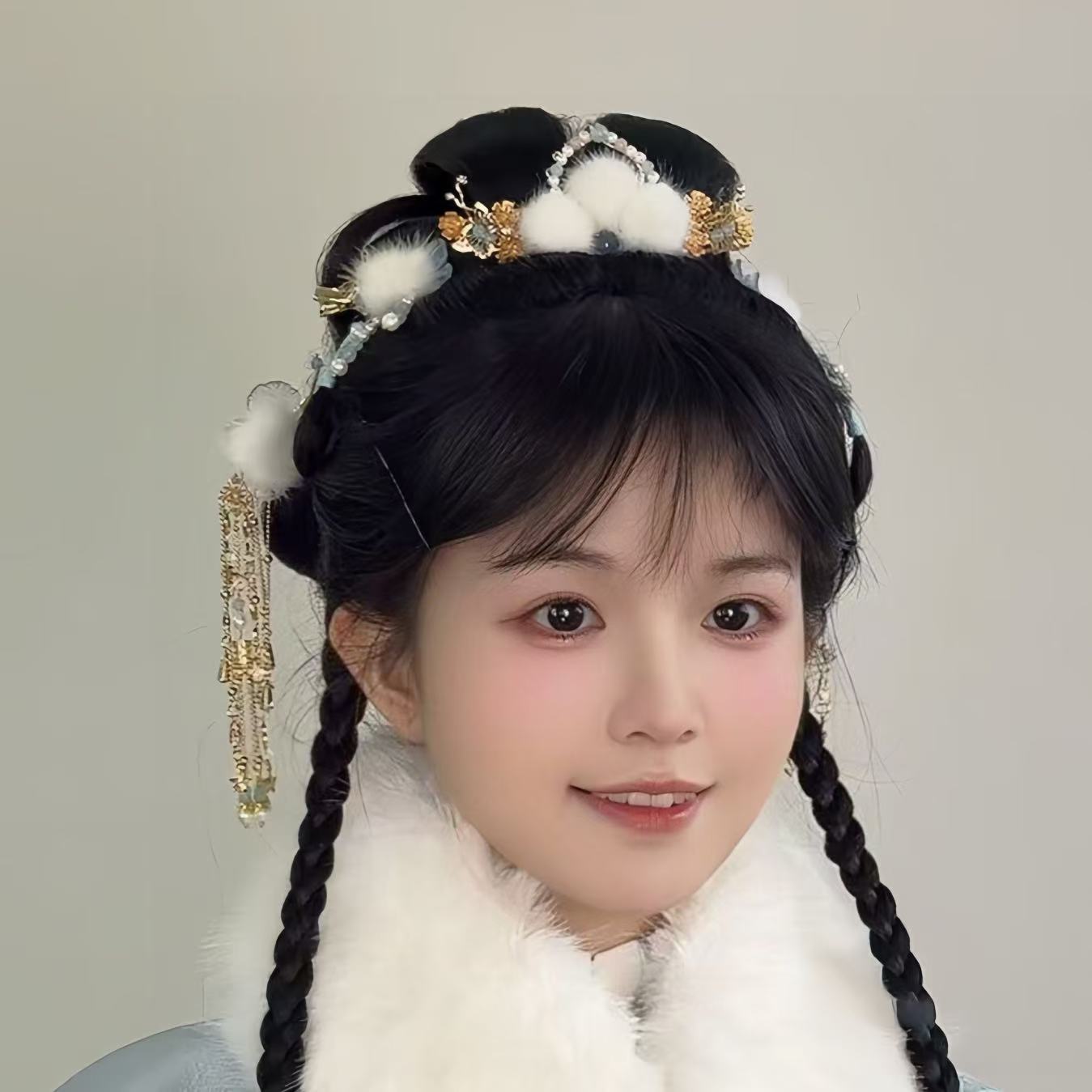 原创风晚林新中式国风汉服儿童长流苏蝴蝶毛球发夹发冠发钗